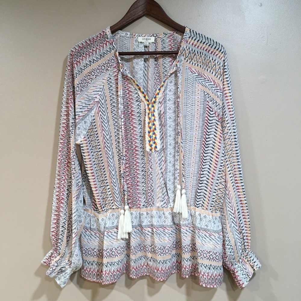 Umgee Bohemian Embroidered Tassel Tunic Blouse Women M Festival Red Black Yellow